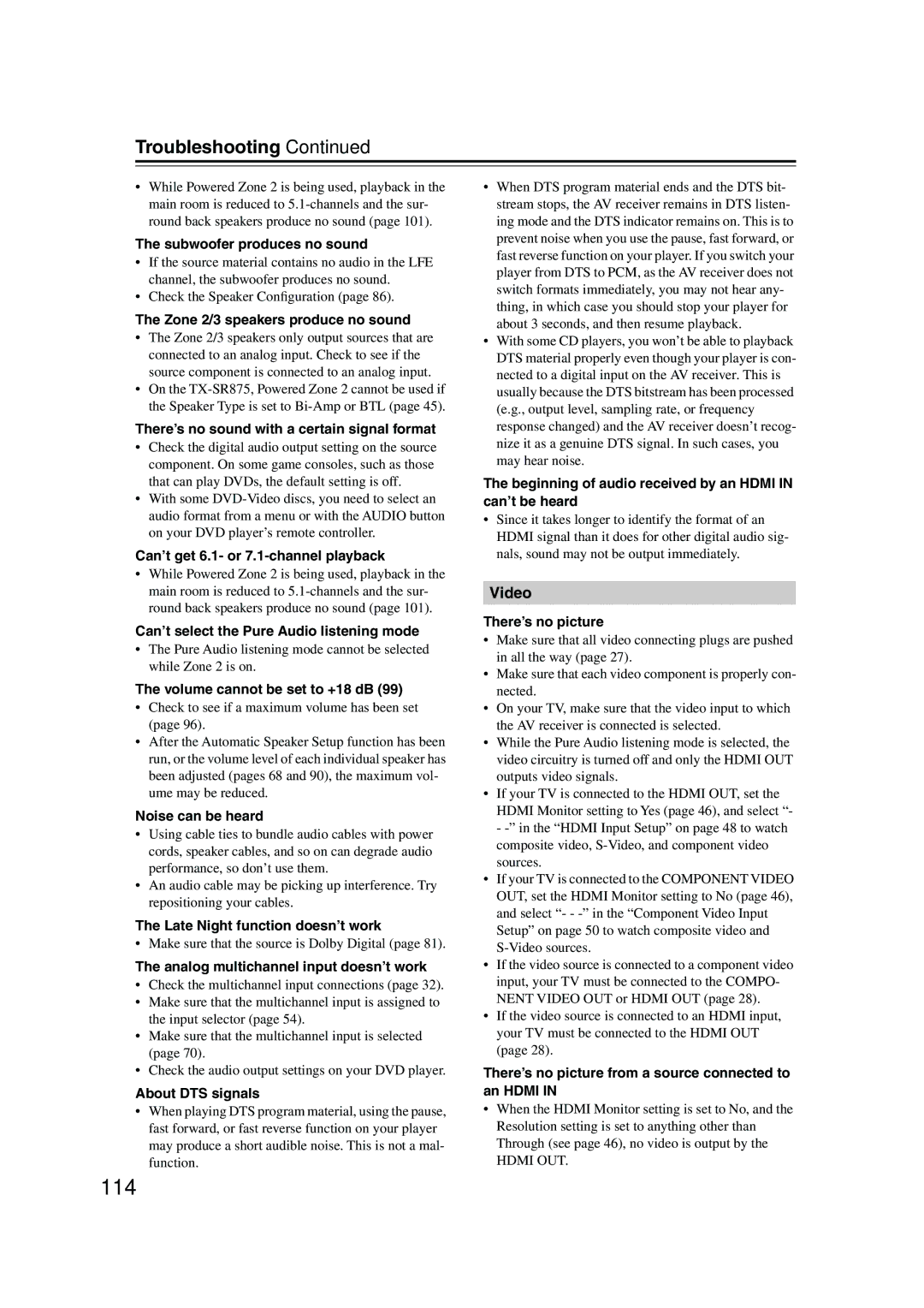 Onkyo SR805 instruction manual 114, Troubleshooting 