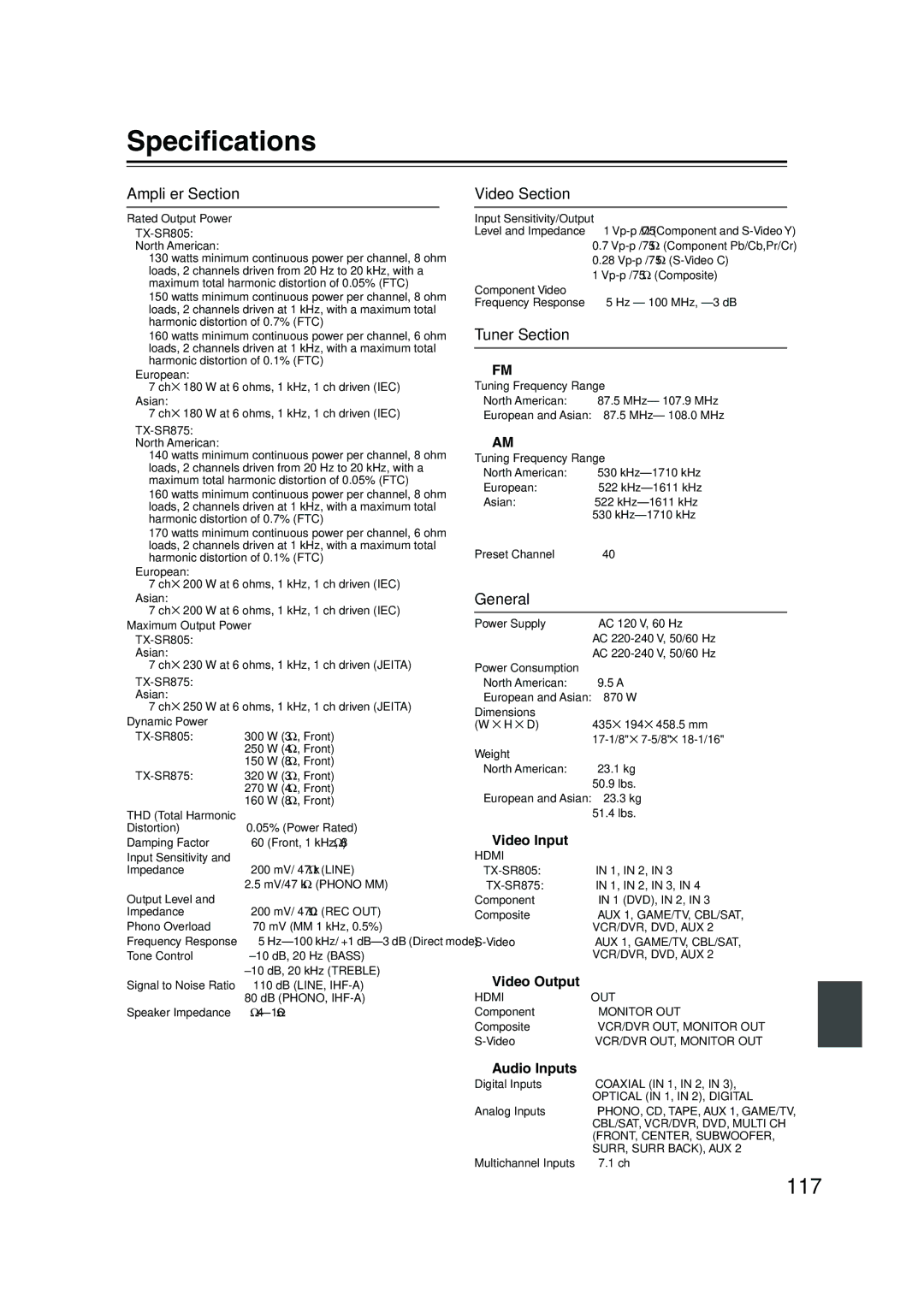 Onkyo SR805 instruction manual Speciﬁcations, 117 