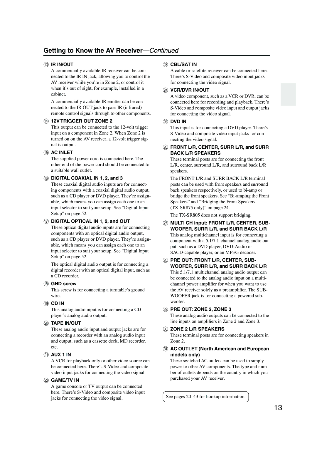 Onkyo SR805 instruction manual Digital Coaxial in 1, 2, Digital Optical in 1, 2, and OUT, GND screw, PRE OUT Zone 2, Zone 