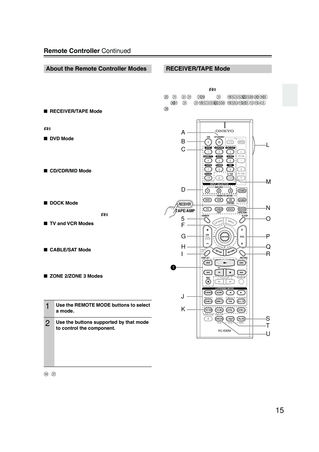 Onkyo SR805 instruction manual About the Remote Controller Modes, RECEIVER/TAPE Mode 