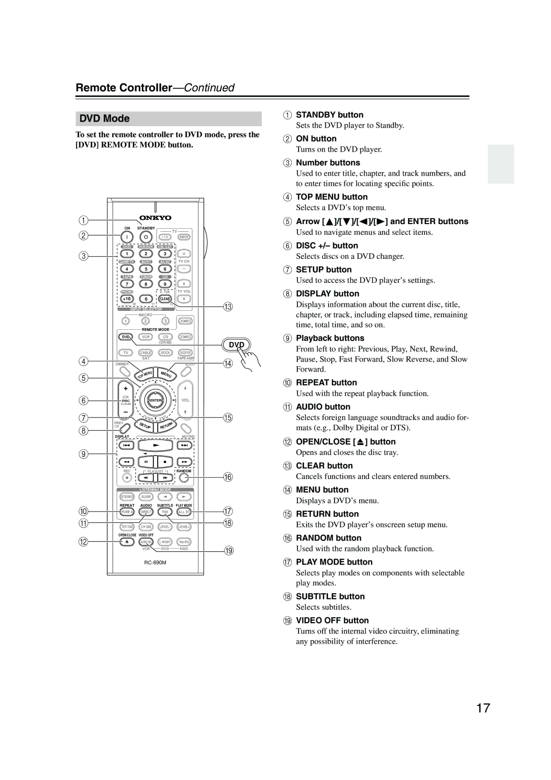 Onkyo SR805 instruction manual DVD Mode 