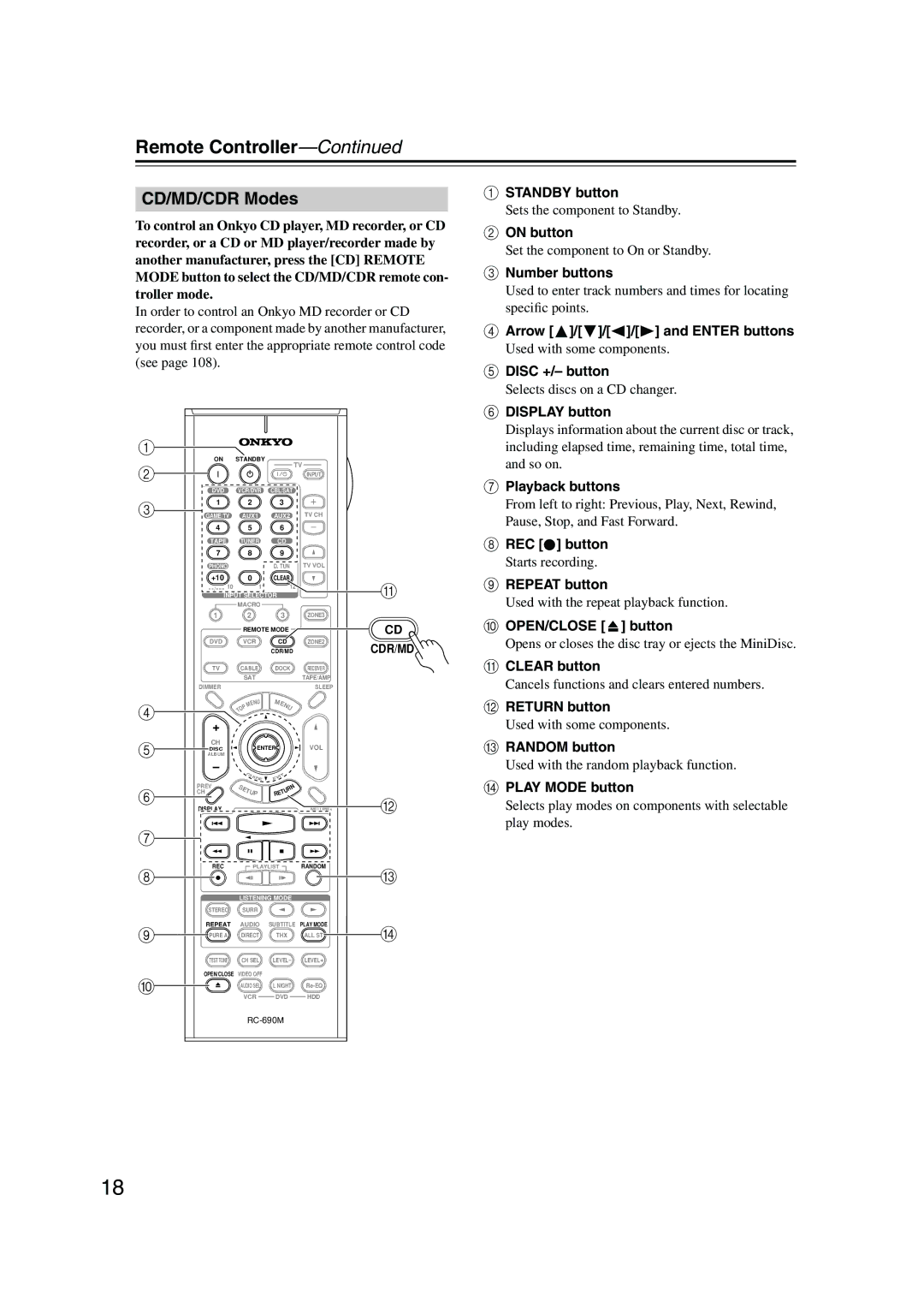 Onkyo SR805 instruction manual CD/MD/CDR Modes 