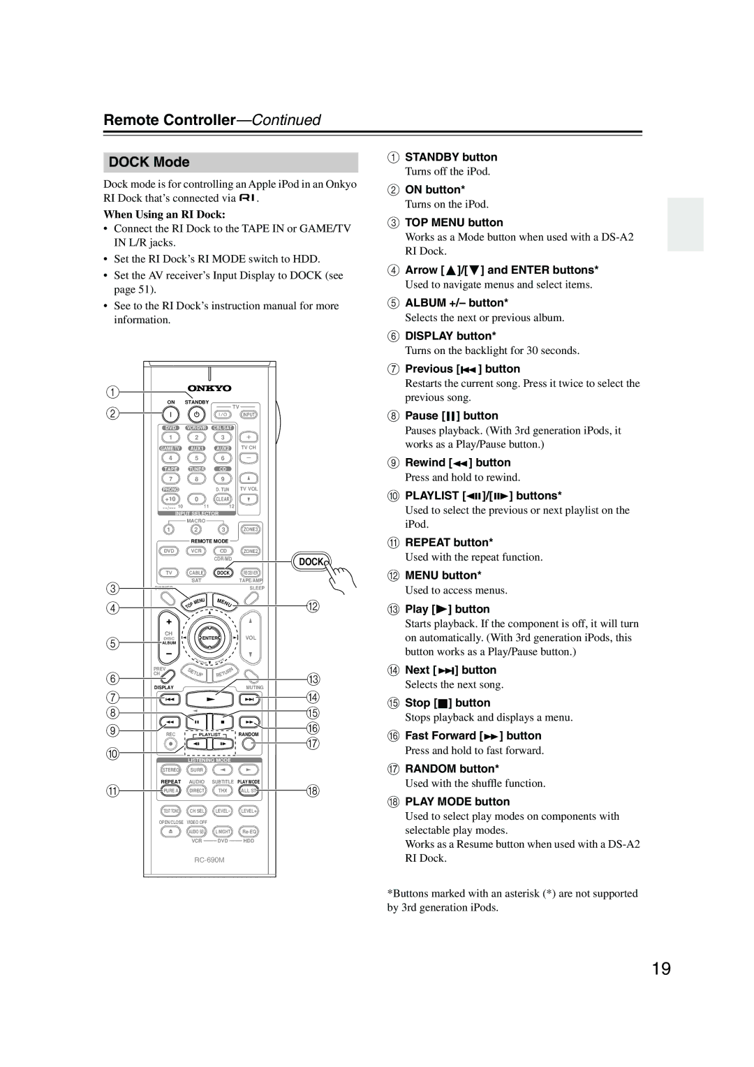 Onkyo SR805 instruction manual Dock Mode 