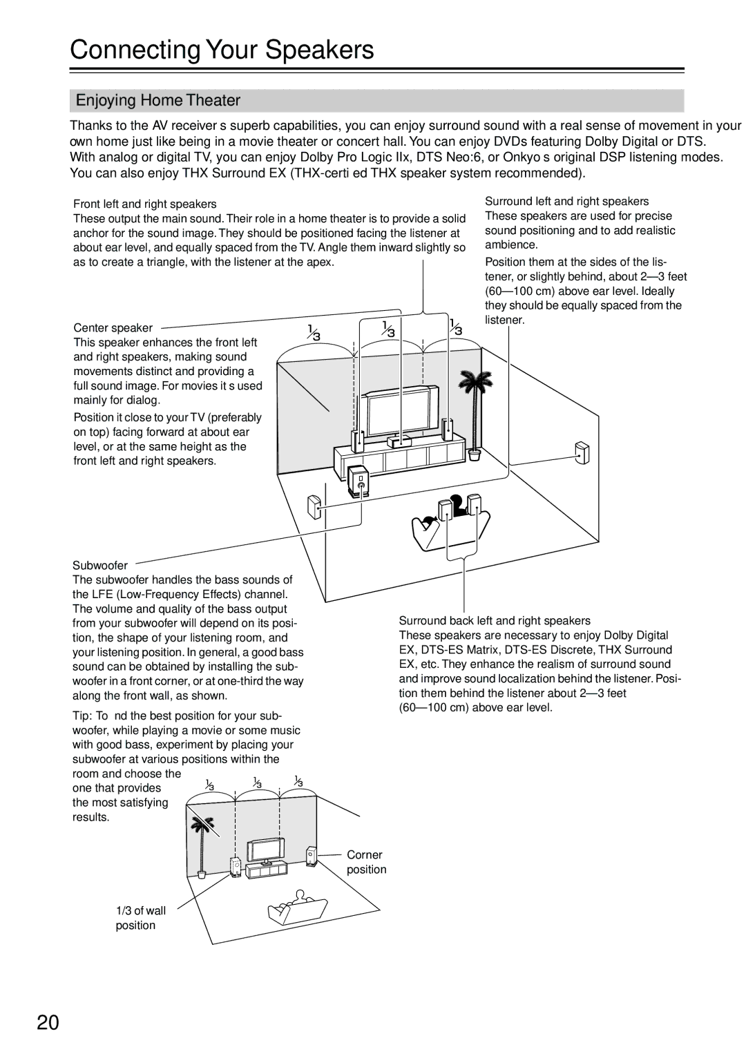 Onkyo SR805 Connecting Your Speakers, Enjoying Home Theater, Subwoofer, Surround back left and right speakers 