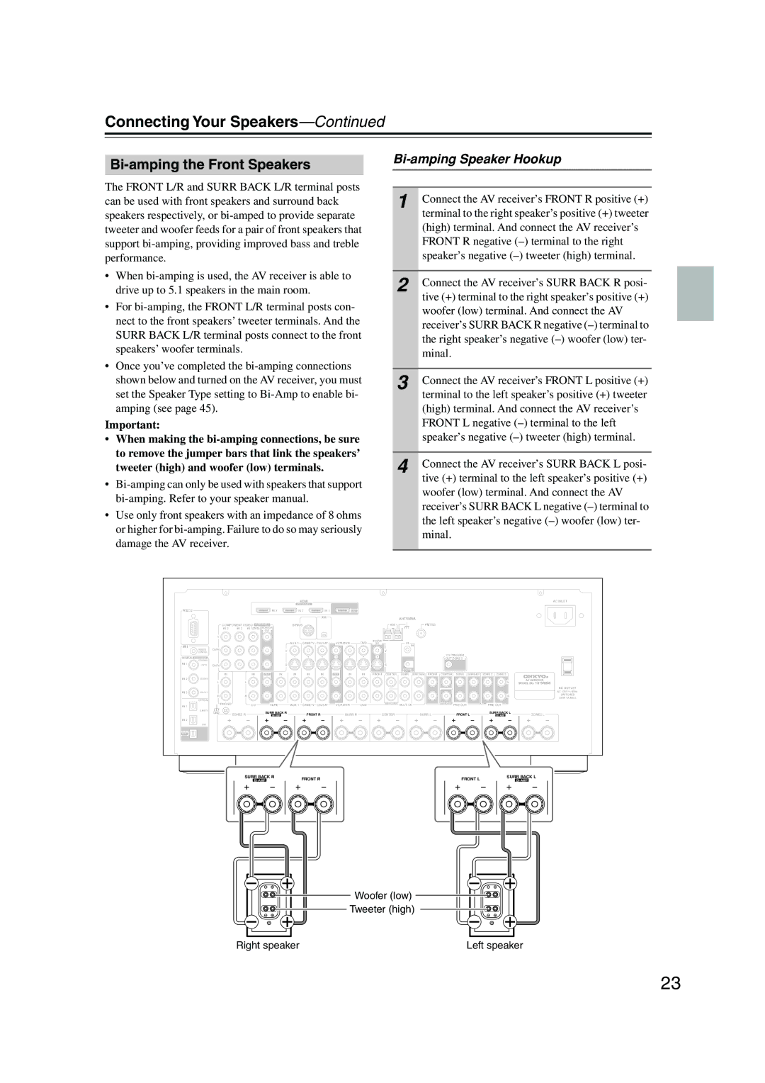 Onkyo SR805 instruction manual Bi-amping the Front Speakers, Bi-amping Speaker Hookup 