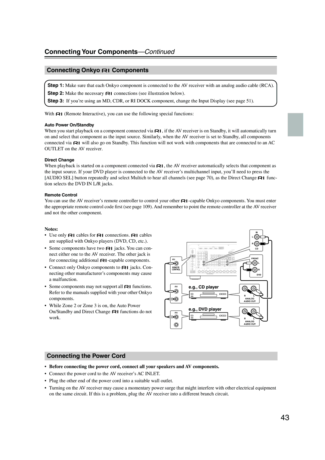 Onkyo SR805 instruction manual Connecting Onkyo Components, Connecting the Power Cord, Work 