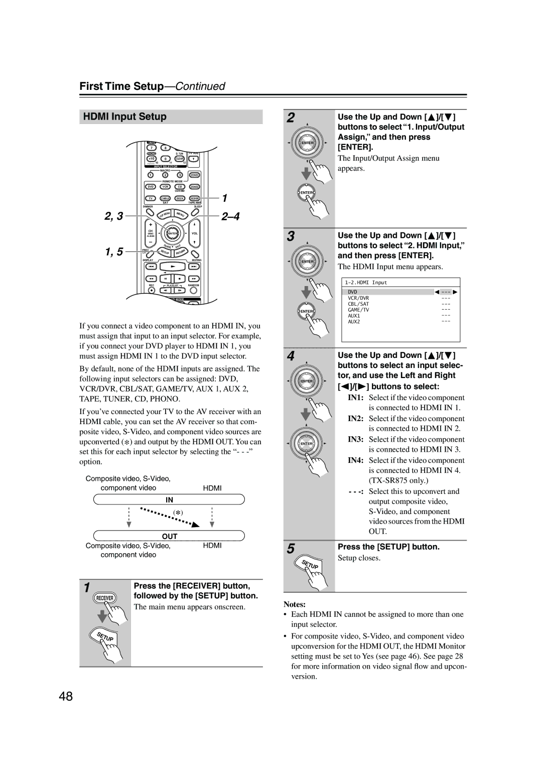 Onkyo SR805 instruction manual Hdmi Input Setup, Hdmi Input menu appears, Version, Out 