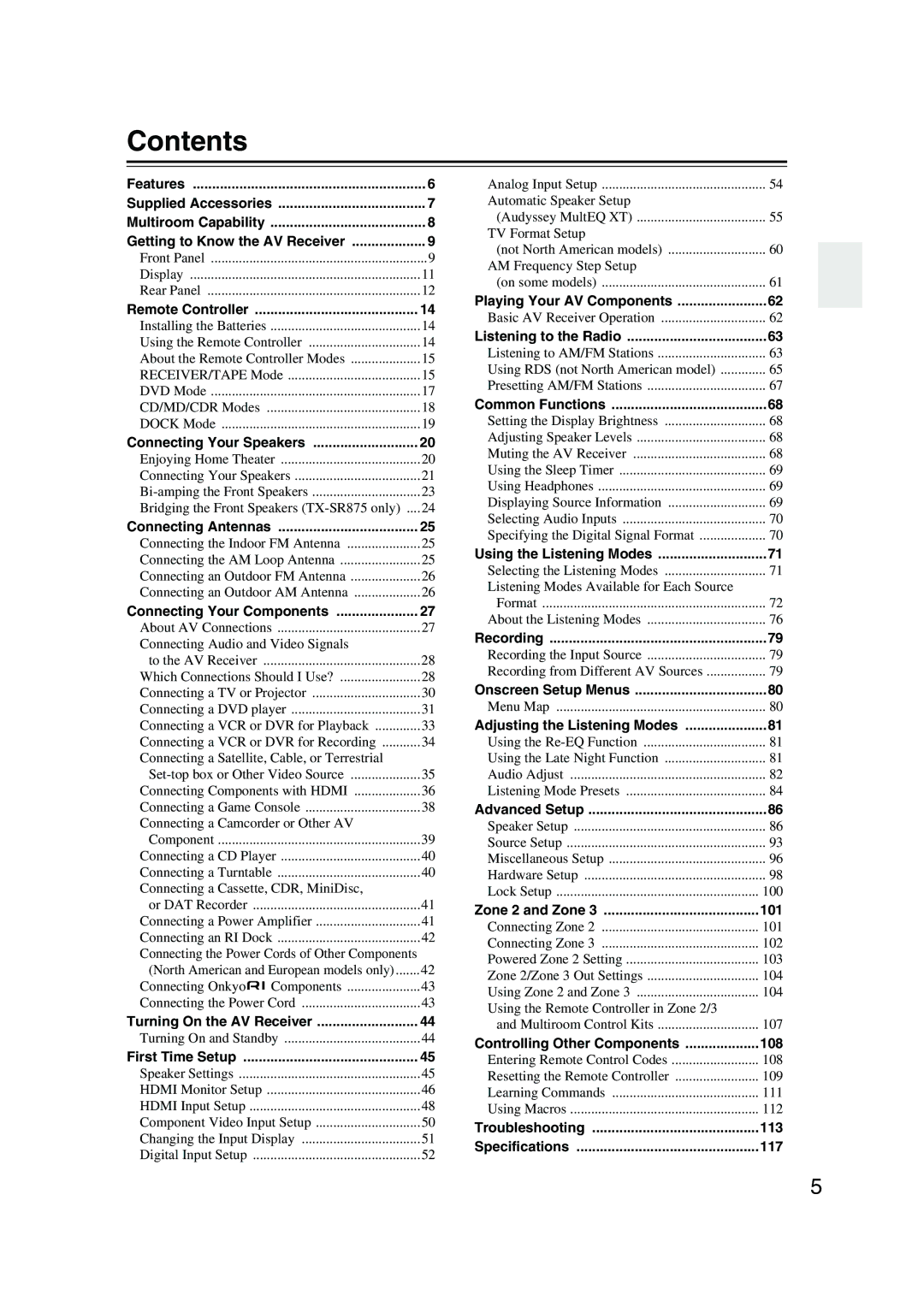 Onkyo SR805 instruction manual Contents 