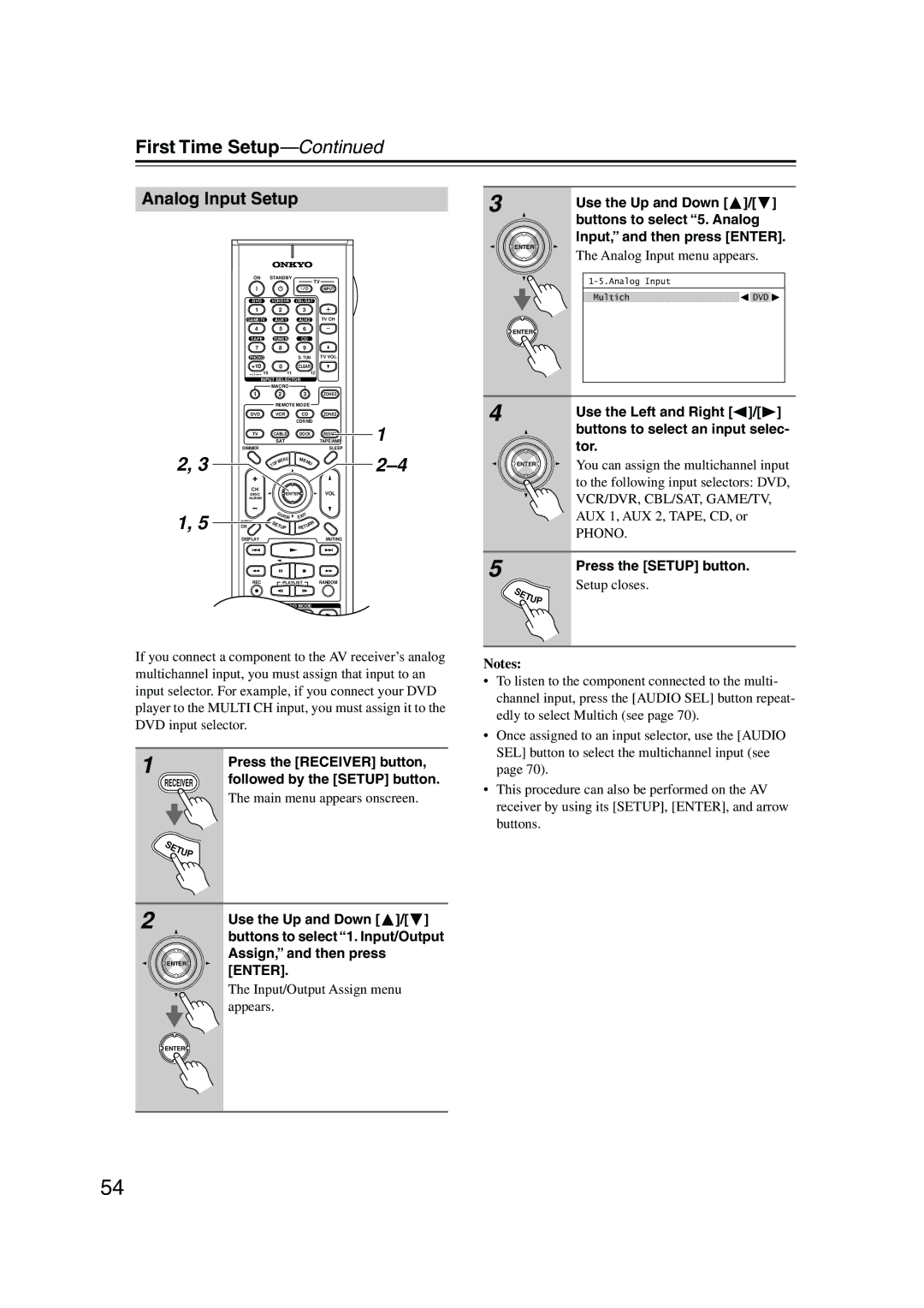 Onkyo SR805 instruction manual Analog Input Setup, Buttons to select an input selec, Tor 