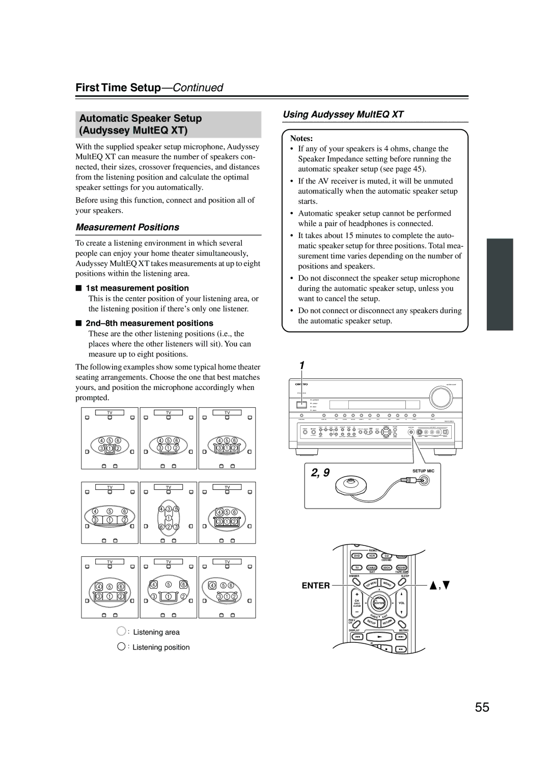 Onkyo SR805 instruction manual Automatic Speaker Setup Audyssey MultEQ XT, Measurement Positions, Using Audyssey MultEQ XT 