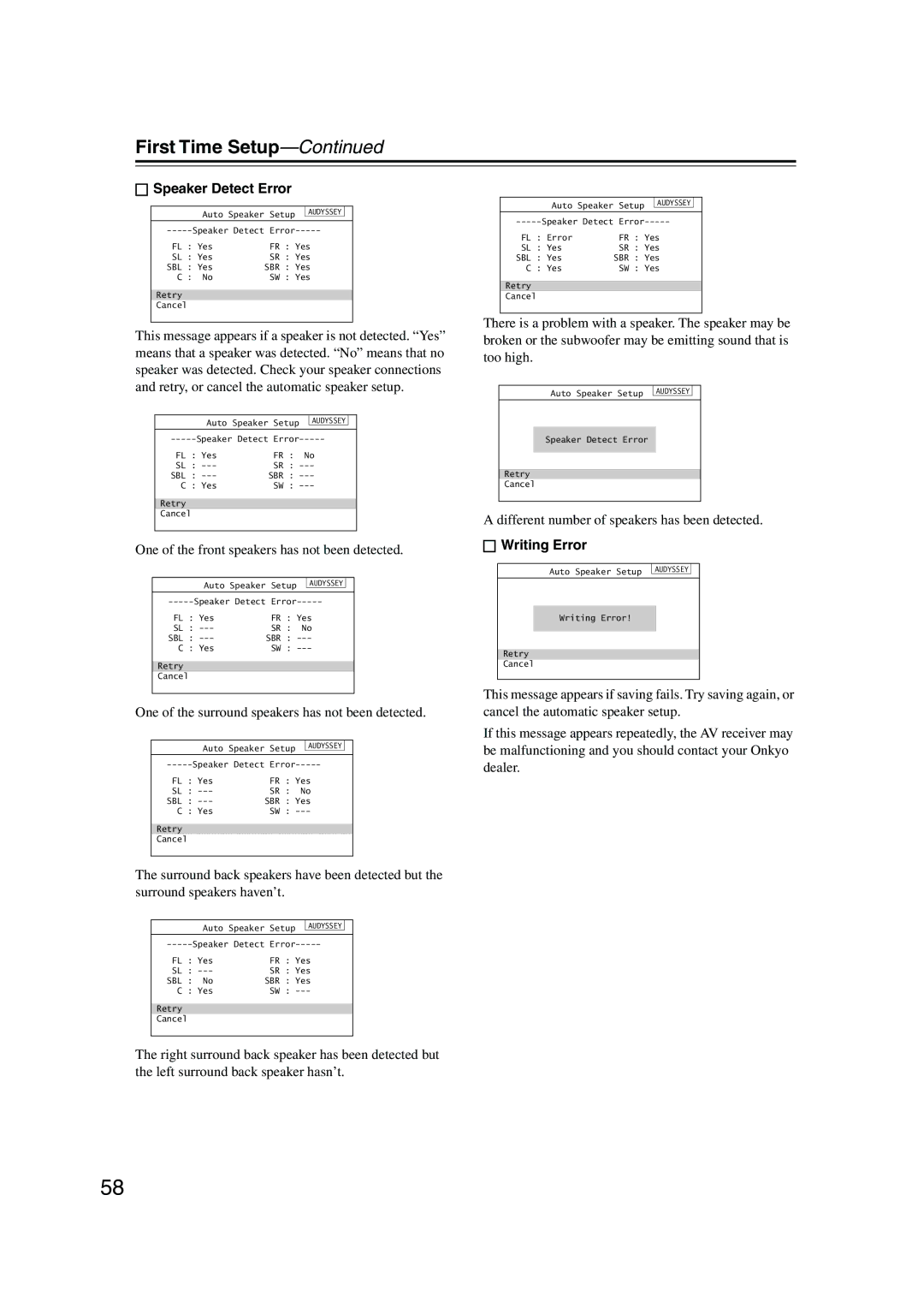 Onkyo SR805 instruction manual Speaker Detect Error, One of the front speakers has not been detected, Writing Error 