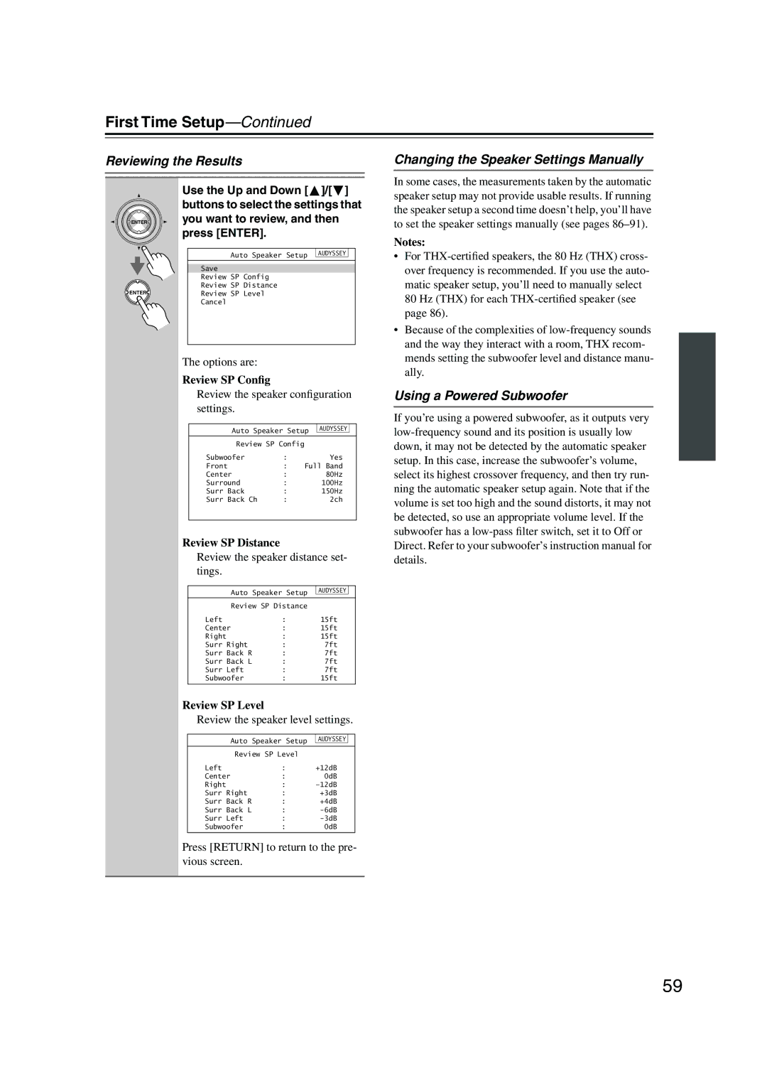 Onkyo SR805 instruction manual Reviewing the Results, Changing the Speaker Settings Manually, Using a Powered Subwoofer 