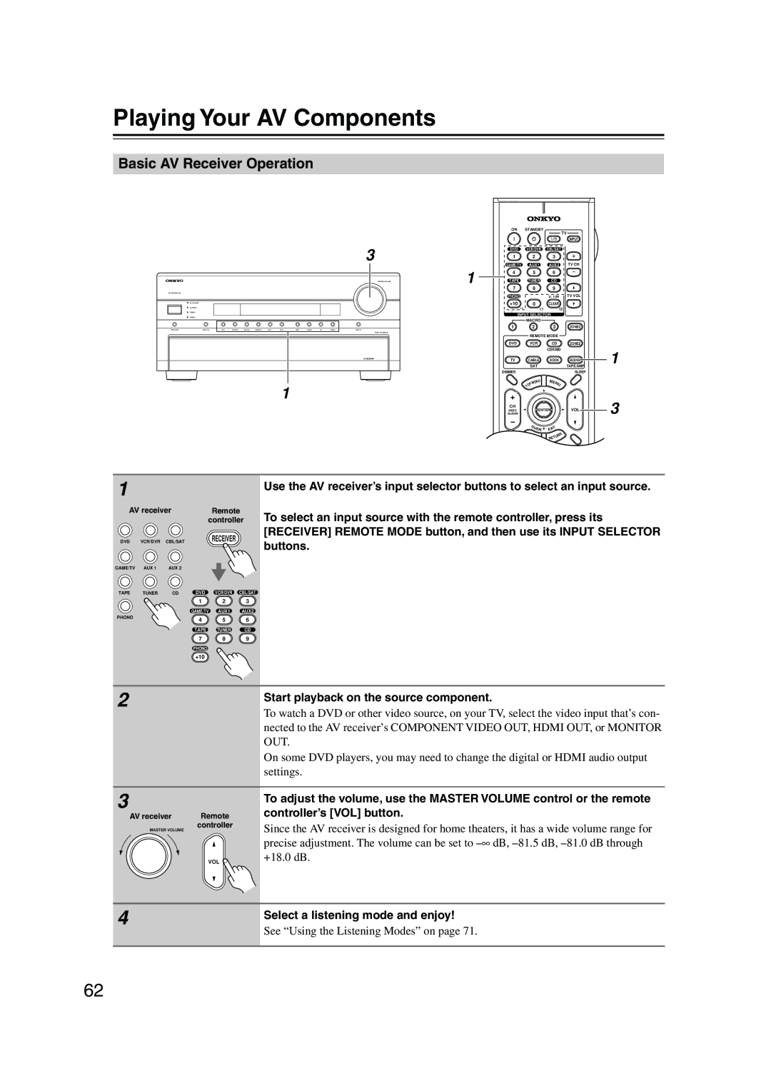 Onkyo SR805 Playing Your AV Components, Basic AV Receiver Operation, Settings, Select a listening mode and enjoy 