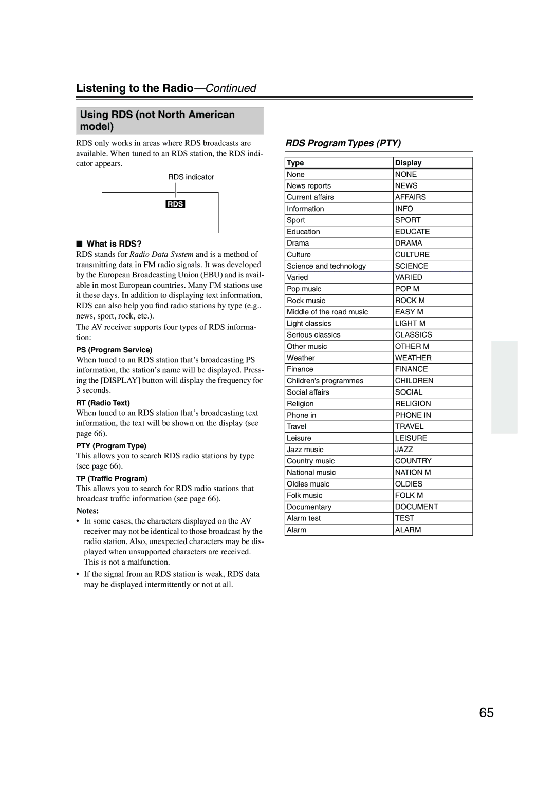 Onkyo SR805 instruction manual Using RDS not North American model, RDS Program Types PTY, What is RDS? 