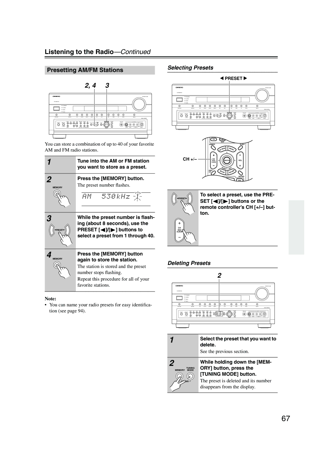 Onkyo SR805 instruction manual Presetting AM/FM Stations, Selecting Presets, Deleting Presets 