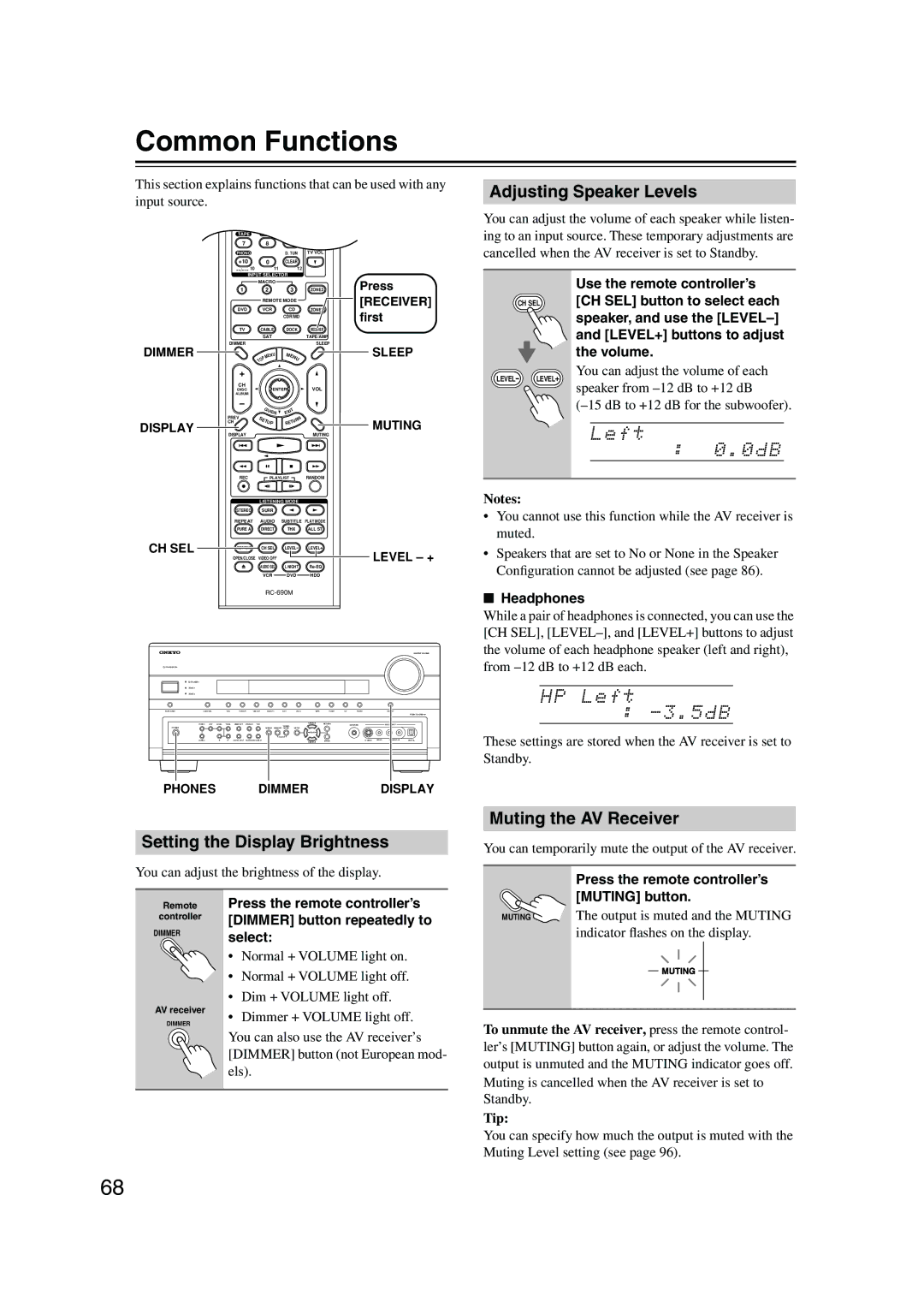 Onkyo SR805 Common Functions, Adjusting Speaker Levels, Setting the Display Brightness, Muting the AV Receiver 