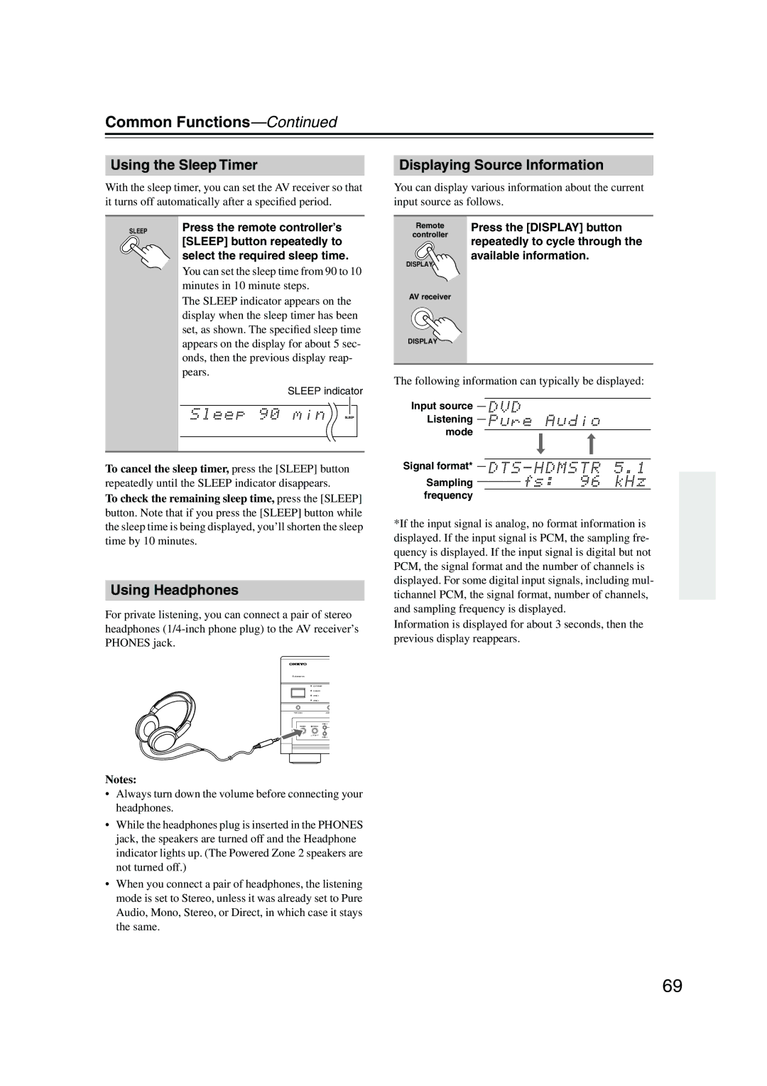 Onkyo SR805 instruction manual Common Functions, Using the Sleep Timer, Using Headphones, Displaying Source Information 