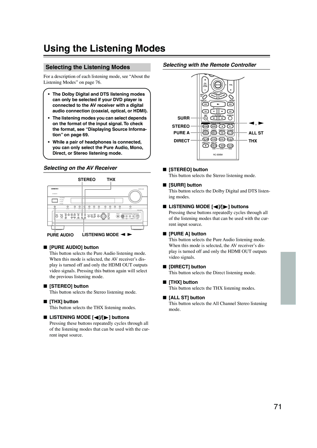 Onkyo SR805 Using the Listening Modes, Selecting the Listening Modes, Selecting with the Remote Controller 