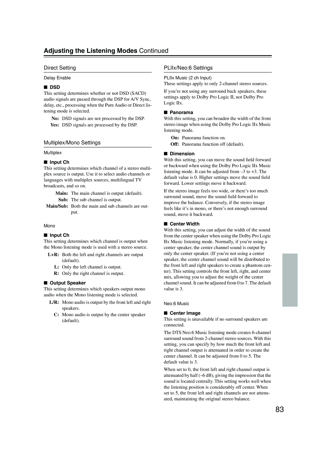 Onkyo SR805 instruction manual Direct Setting, Multiplex/Mono Settings, PLIIx/Neo6 Settings 