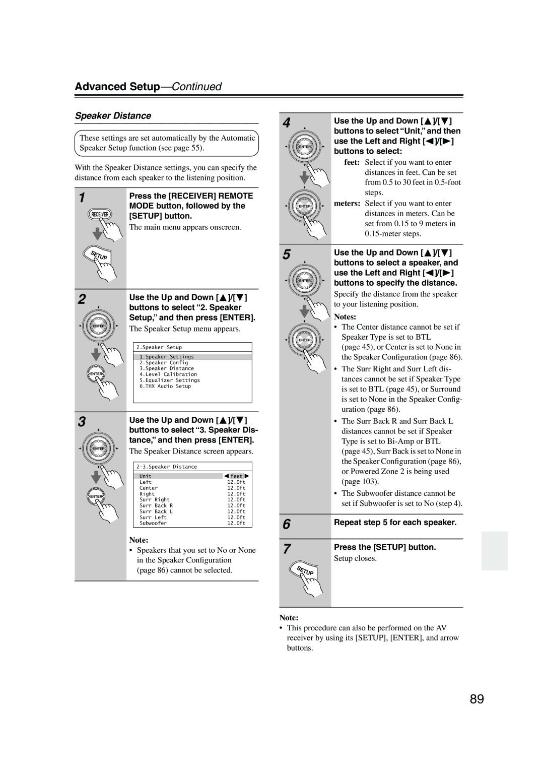 Onkyo SR805 instruction manual Speaker Distance 