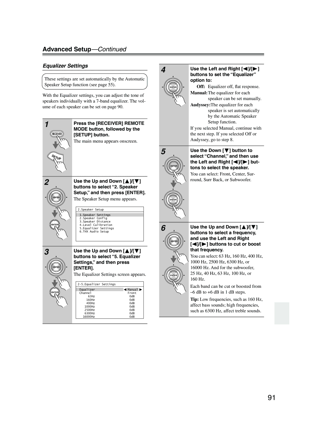 Onkyo SR805 instruction manual Equalizer Settings 