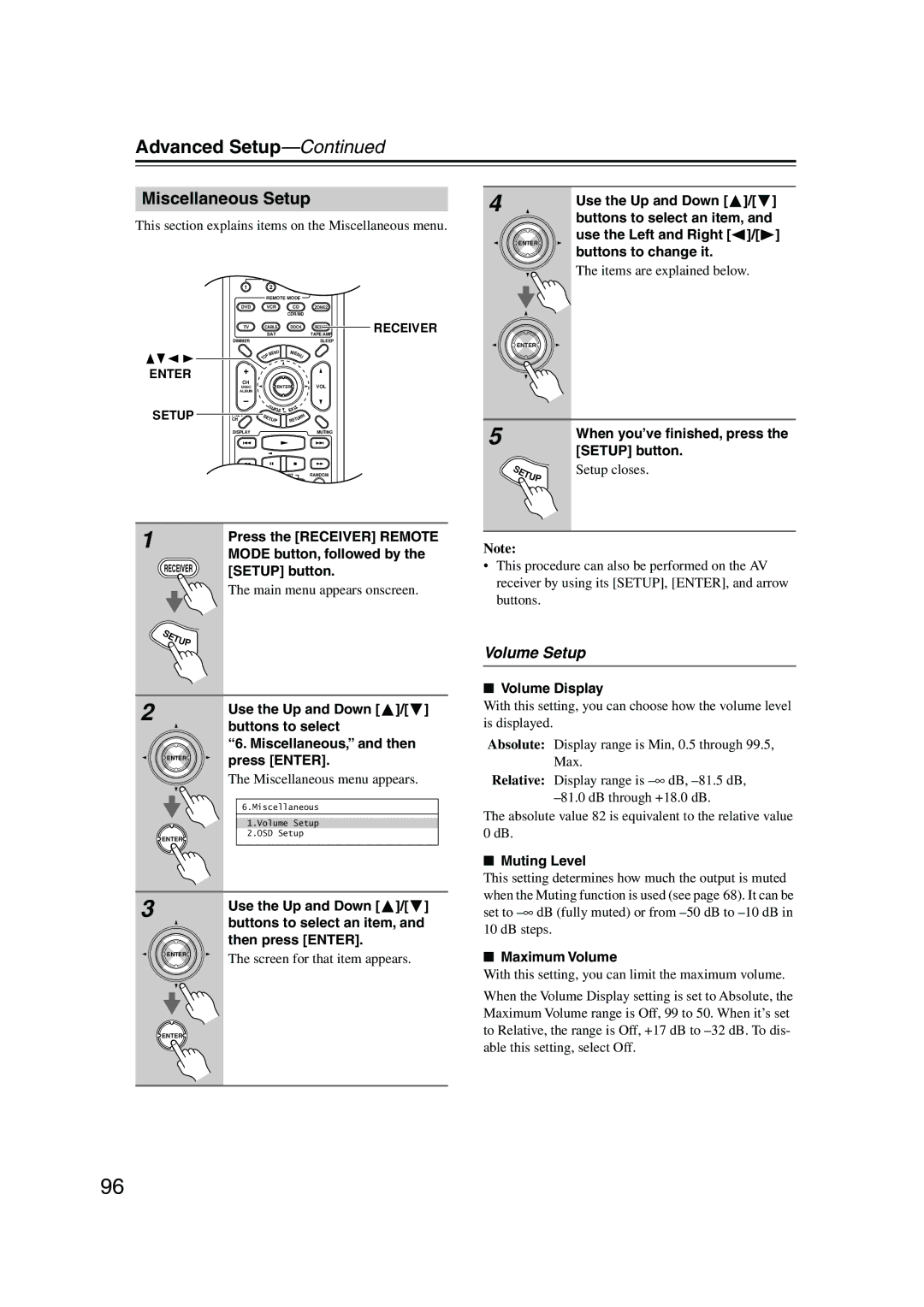 Onkyo SR805 instruction manual Miscellaneous Setup, Volume Setup, Volume Display, Maximum Volume 