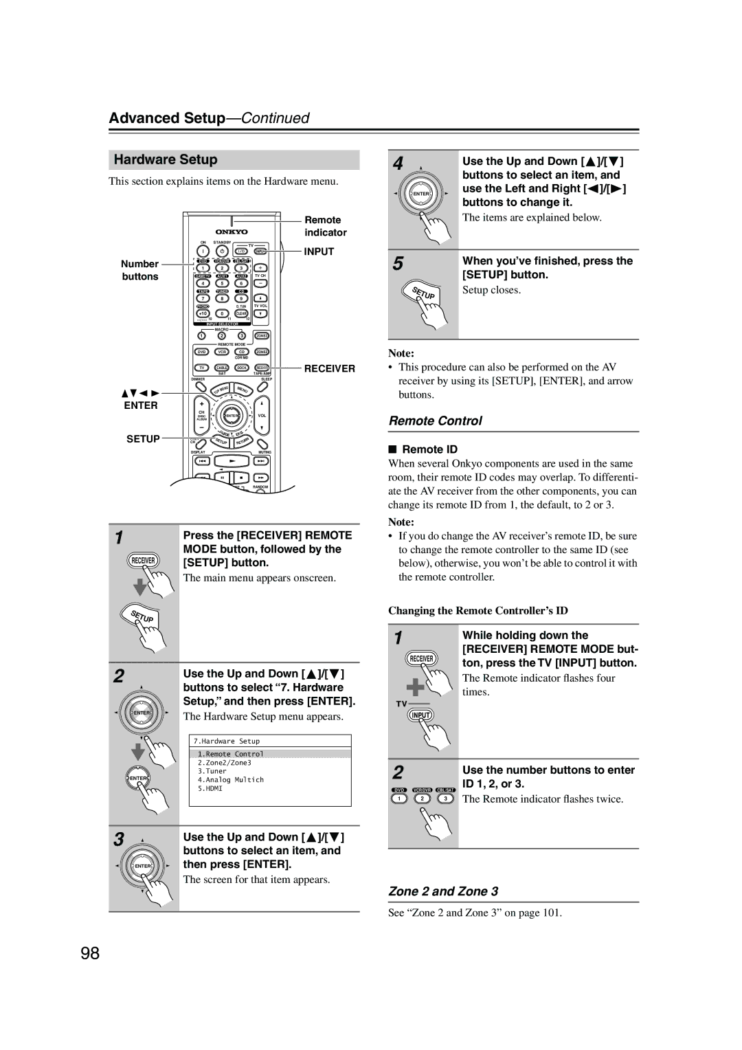 Onkyo SR805 instruction manual Hardware Setup, Remote Control, Zone 2 and Zone 