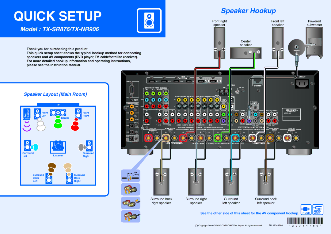 Onkyo NR906, SR876 instruction manual Quick Setup 