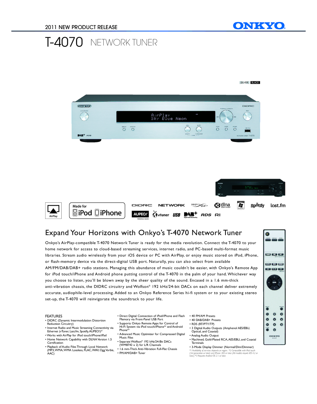 Onkyo T-4070 manual 4070NETWORK Tuner, Features 