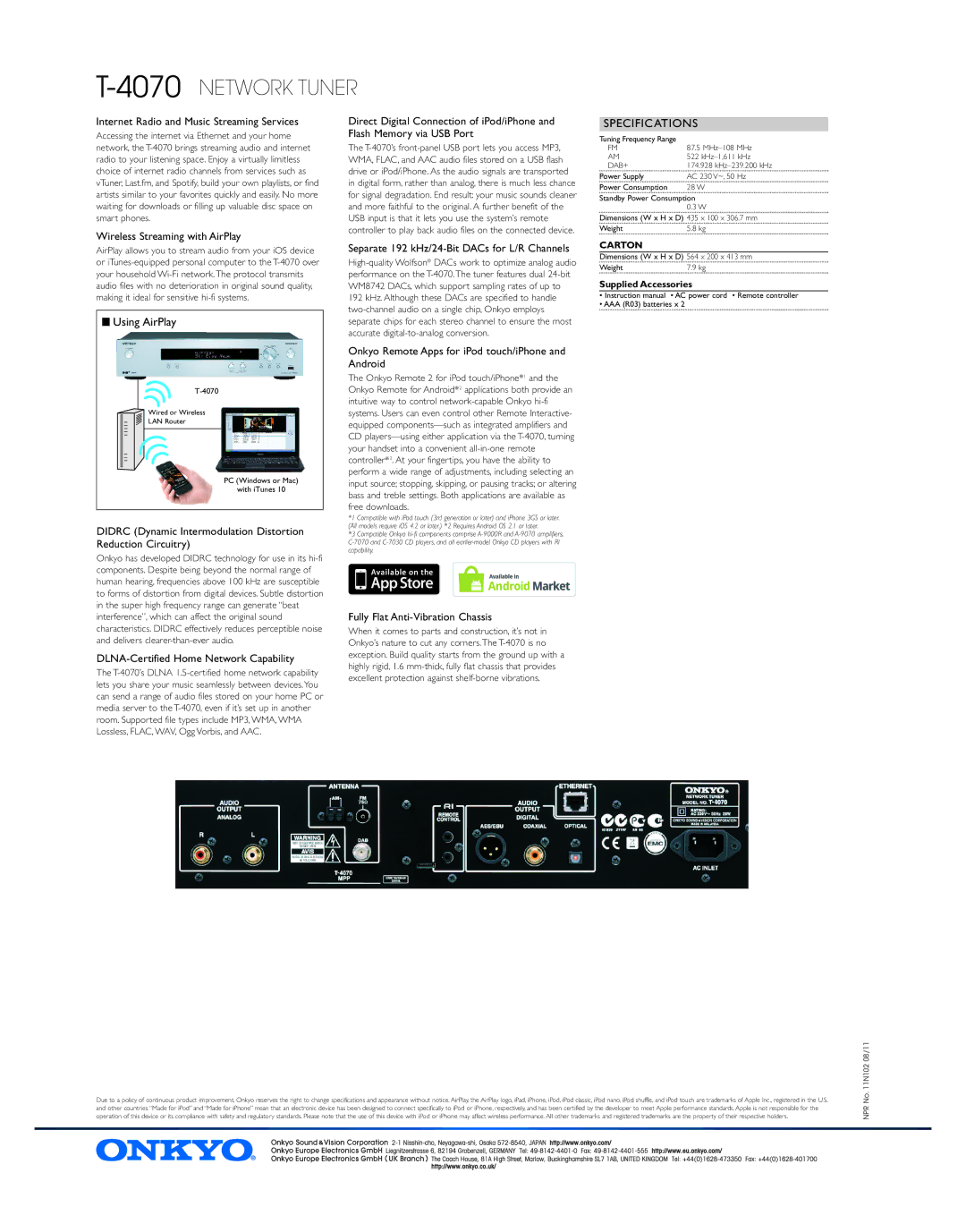 Onkyo T-4070 manual Specifications 