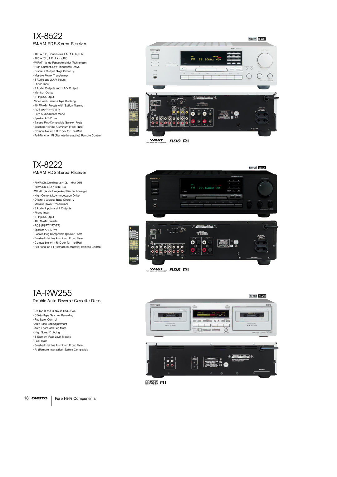 Onkyo T-4211, A-9211 manual TX-8522, TX-8222, TA-RW255, FM/AM RDS Stereo Receiver, Double Auto-Reverse Cassette Deck 