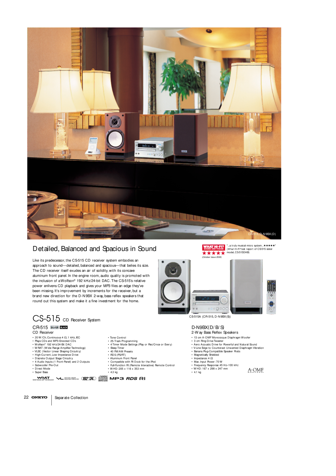 Onkyo T-4211, A-9211 manual Detailed, Balanced and Spacious in Sound, CS-515CD Receiver System, CR-515, N9BXD/B/S 