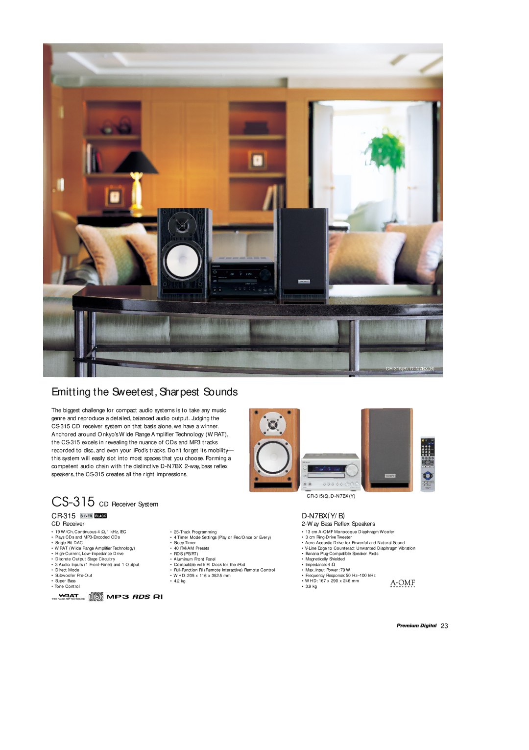 Onkyo A-9211, T-4211 manual Emitting the Sweetest, Sharpest Sounds, CS-315CD Receiver System, CR-315 Silver Black, N7BXY/B 