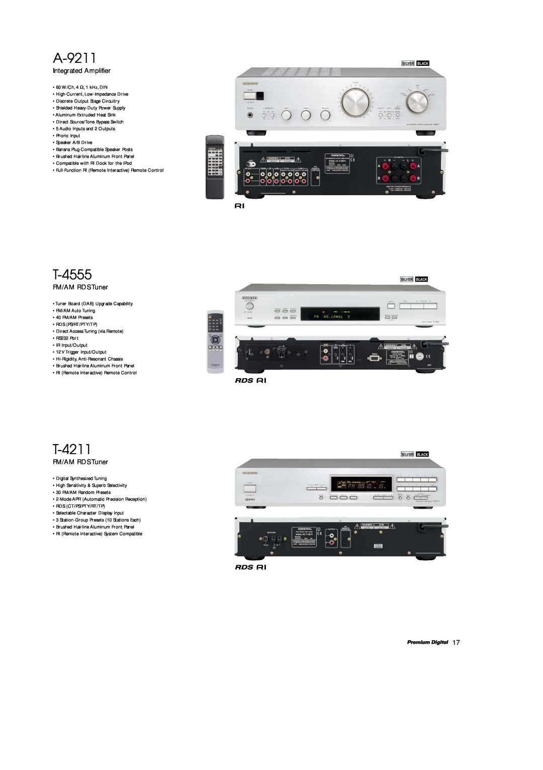 Onkyo A-9211 manual T-4555, T-4211, Integrated Amplifier, FM/AM RDS Tuner 
