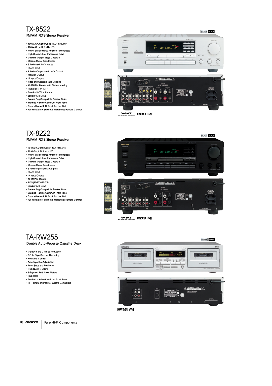 Onkyo T-4211 TX-8522, TX-8222, TA-RW255, FM/AM RDS Stereo Receiver, Double Auto-ReverseCassette Deck, Pure Hi-FiComponents 