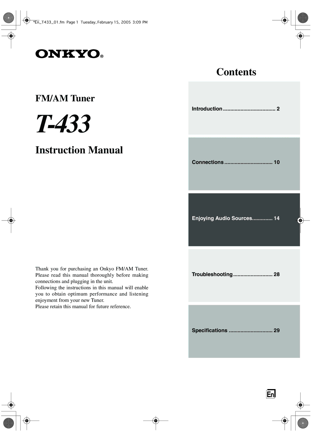 Onkyo T-433 instruction manual 