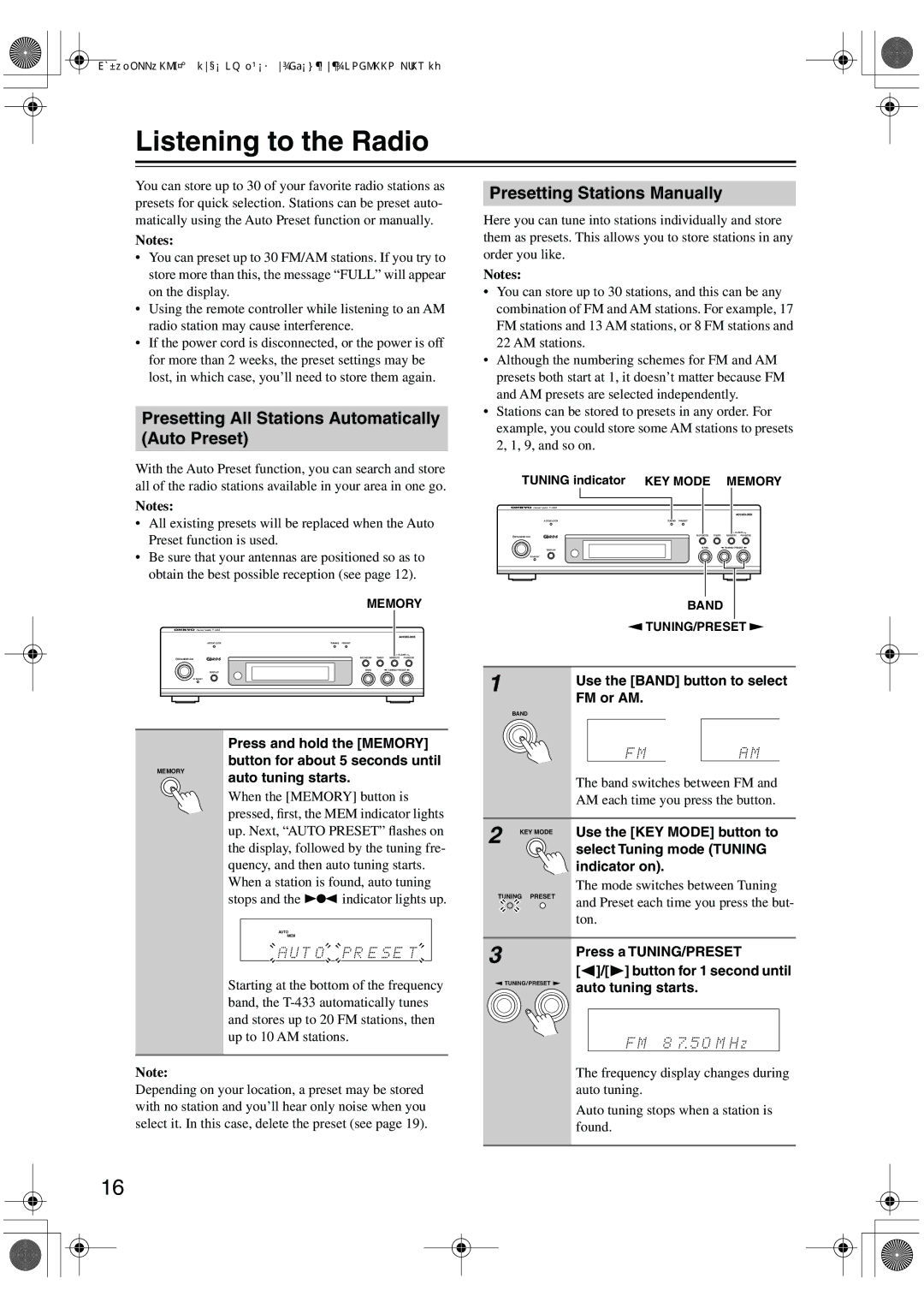 Onkyo T-433 Listening to the Radio, Presetting All Stations Automatically Auto Preset, Presetting Stations Manually 