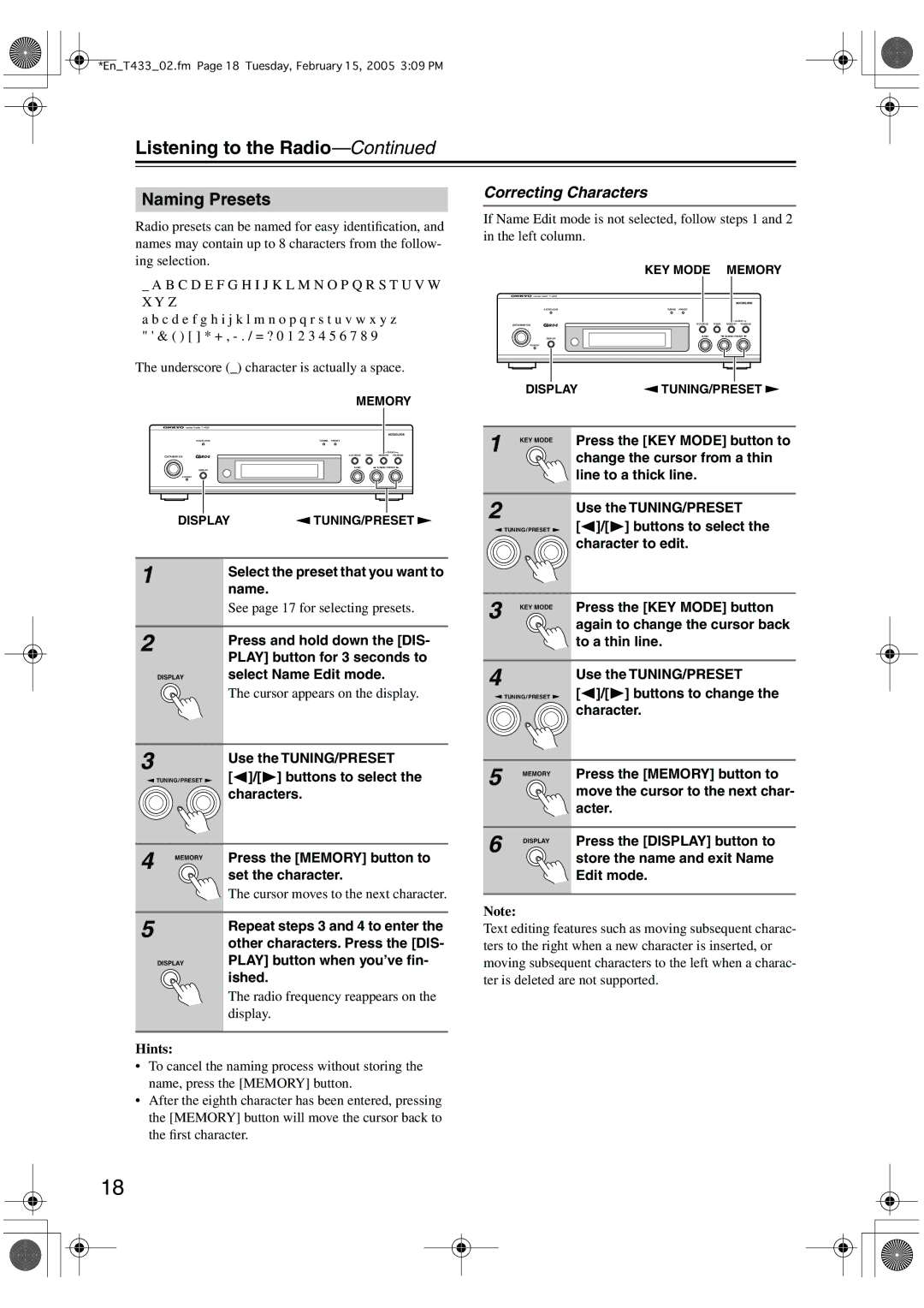 Onkyo T-433 instruction manual Naming Presets, Correcting Characters 