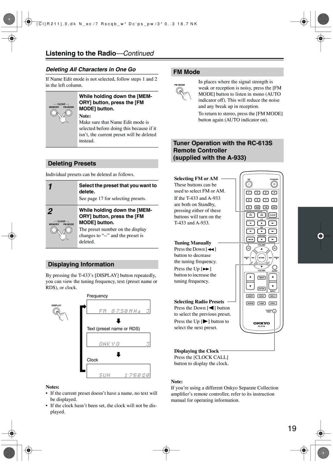 Onkyo T-433 instruction manual FM Mode, Displaying Information, Deleting All Characters in One Go 