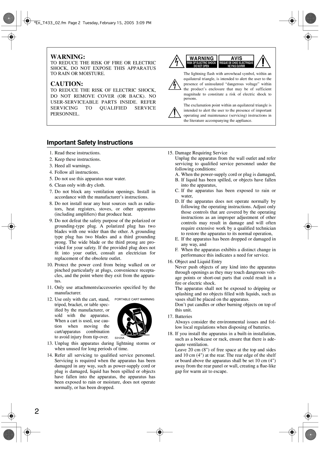 Onkyo T-433 instruction manual Important Safety Instructions, Avis 