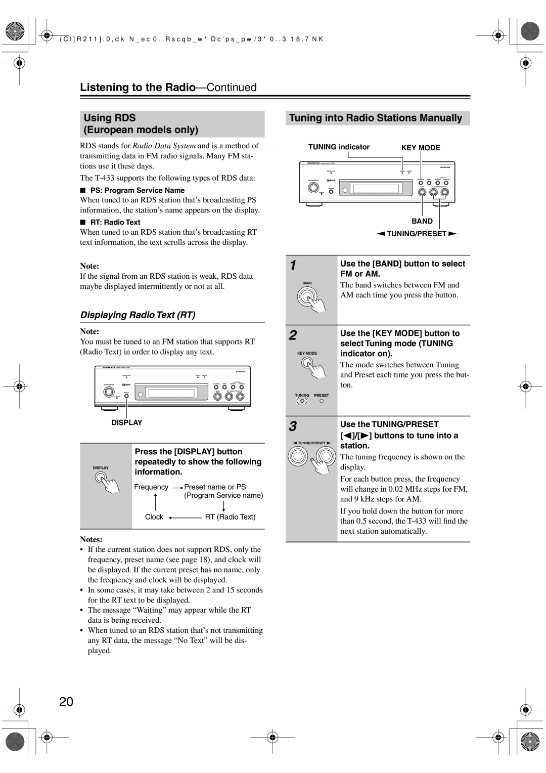 Onkyo T-433 Using RDS European models only, Tuning into Radio Stations Manually, Displaying Radio Text RT 