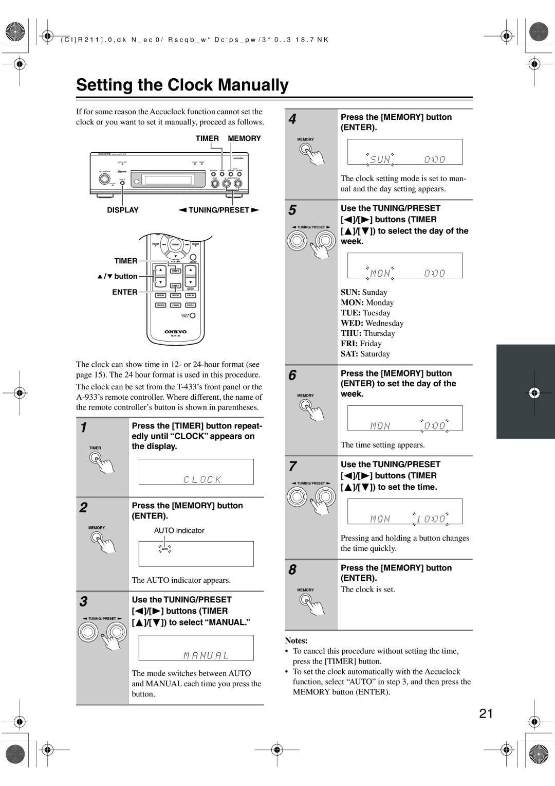 Onkyo T-433 instruction manual Setting the Clock Manually 