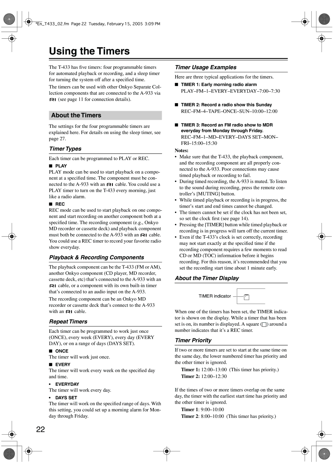 Onkyo T-433 instruction manual Using the Timers, About the Timers 