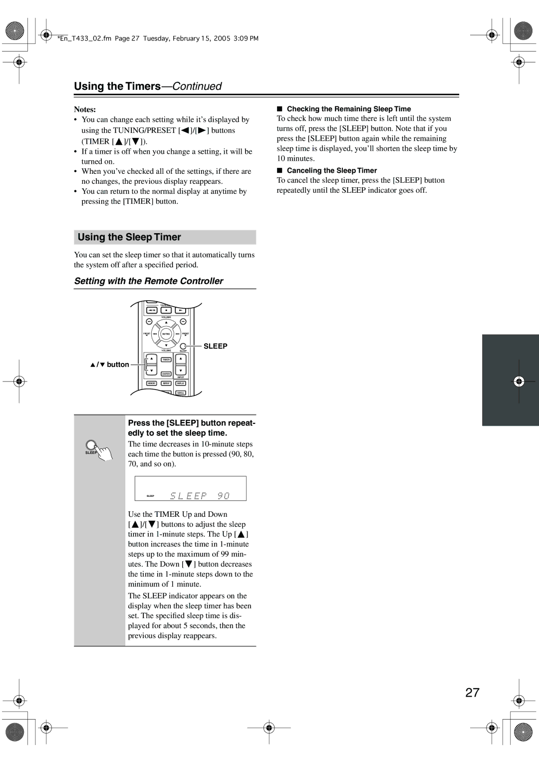 Onkyo T-433 instruction manual Using the Sleep Timer, Setting with the Remote Controller 