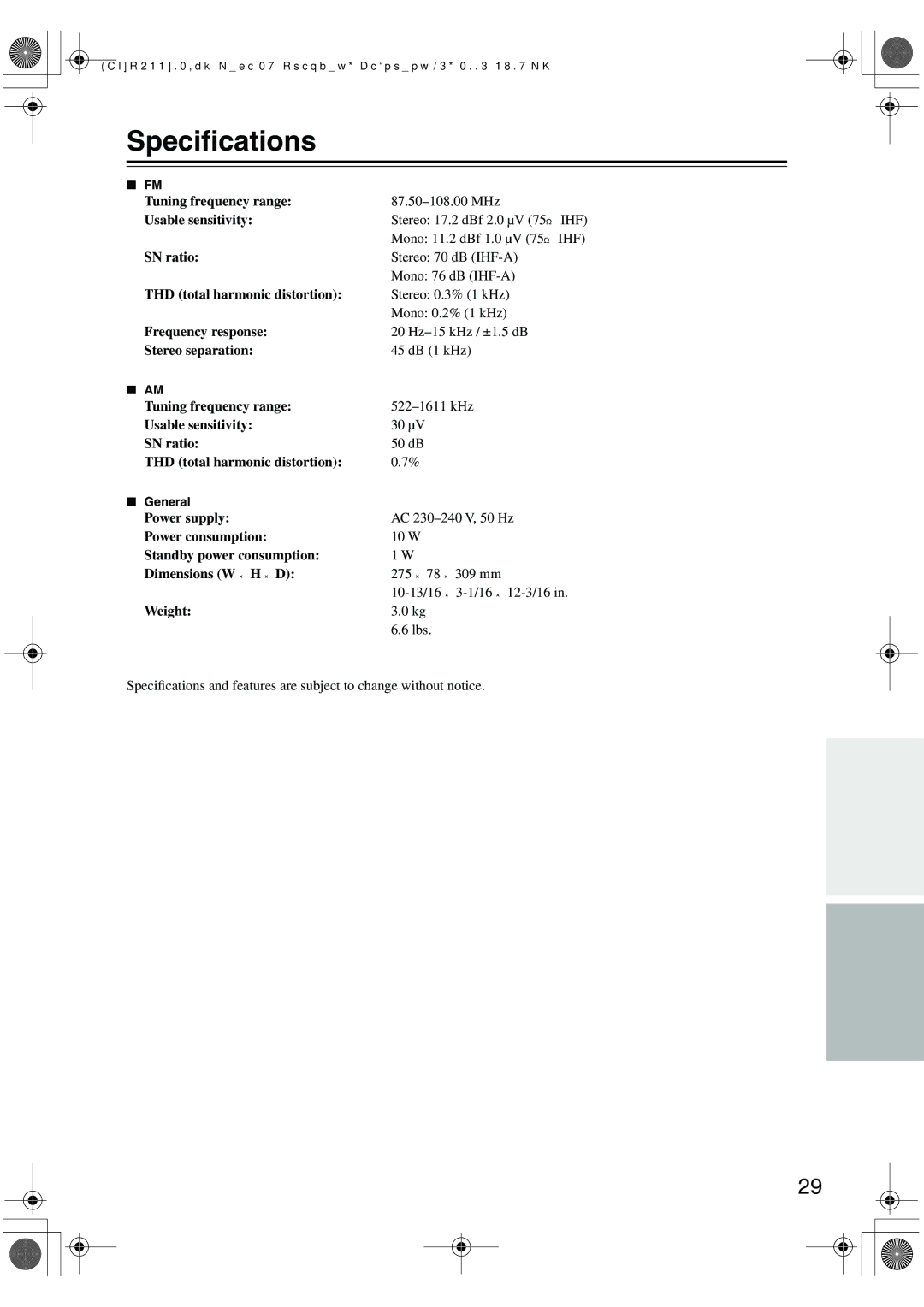 Onkyo T-433 instruction manual Speciﬁcations 