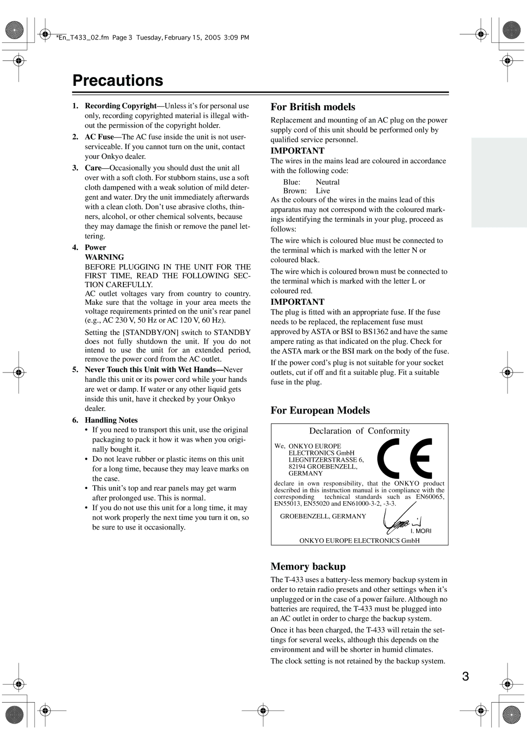 Onkyo T-433 instruction manual Precautions, Power 