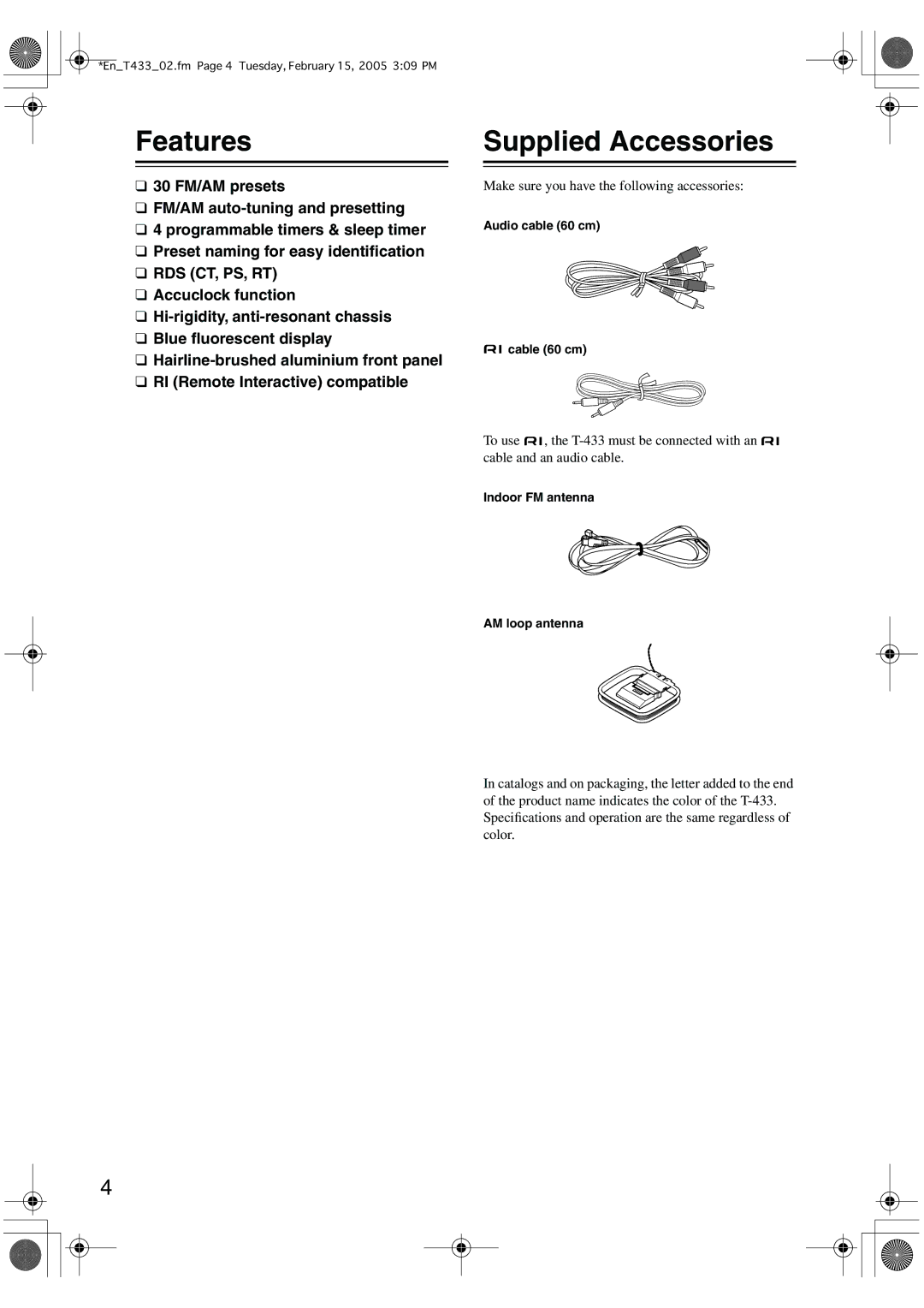 Onkyo T-433 instruction manual Features, Supplied Accessories 