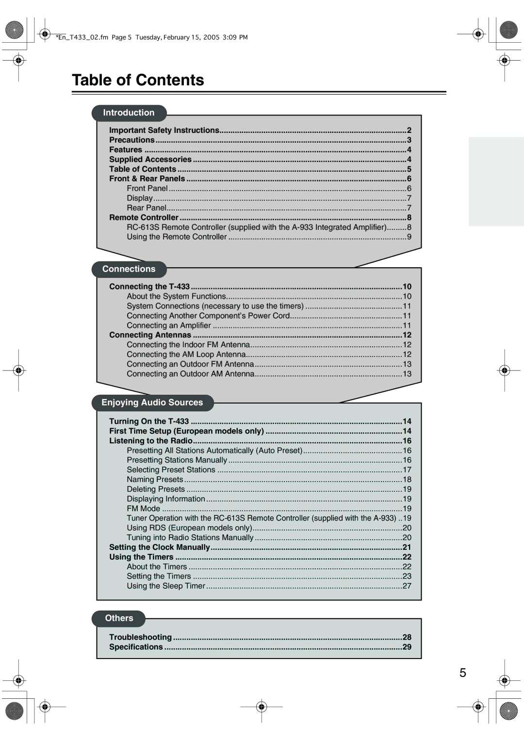 Onkyo T-433 instruction manual Table of Contents 