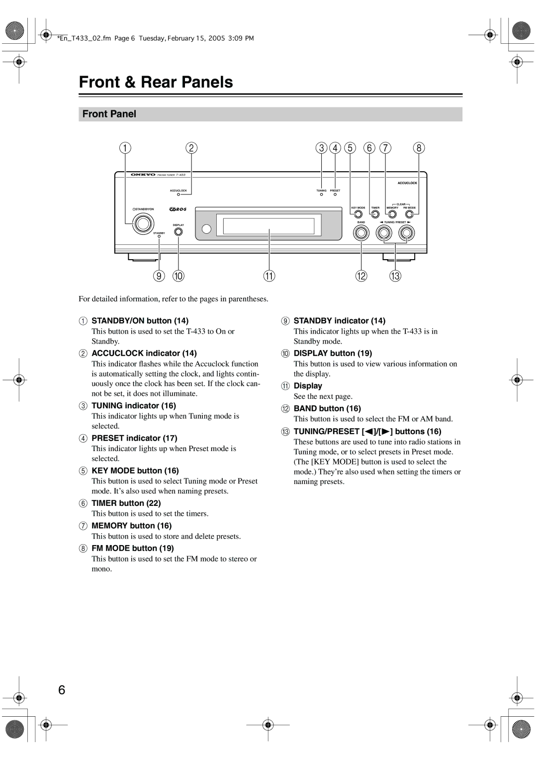 Onkyo T-433 instruction manual Front & Rear Panels, Front Panel 