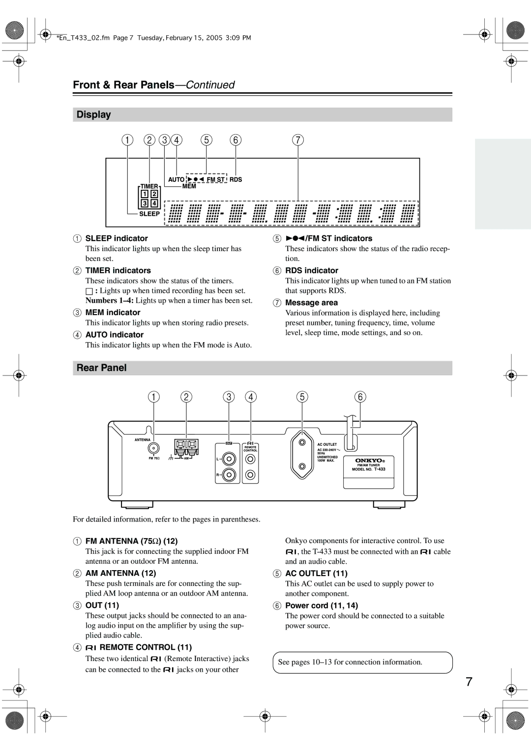 Onkyo T-433 instruction manual Front & Rear Panels, Display 